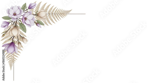 Minimal luxury floral corner border with magnolia and fern in lavender and beige isolated on white background