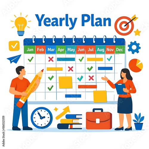 People creating a yearly plan with calendar and schedule