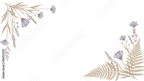 Minimal luxury hand painted corner composition with wildflowers and fern in lavender and beige isolated on white background