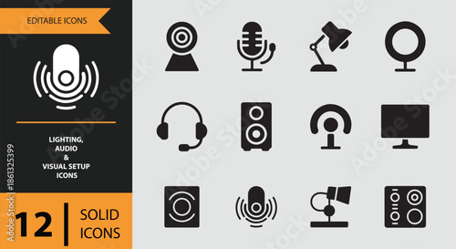 Essential lighting, audio, and visual setup solid icons for modern digital communication