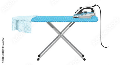 Ironing board with electric steam iron and draped fabric on white background