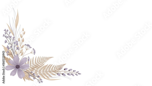 Minimal luxury hand painted corner composition with wildflowers and fern in lavender and beige isolated on white background