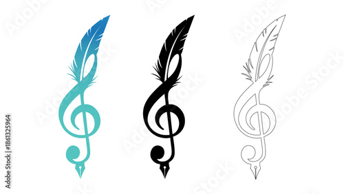 Three music notes with feather designs in blue, black, and dotted styles