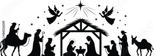 Nativity scene silhouette illustration, birth of Jesus, Christmas family, three wise men, angels, star, black vector art, isolated white background