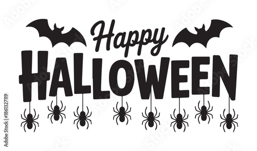 Happy Halloween Bats and Spiders on White Background