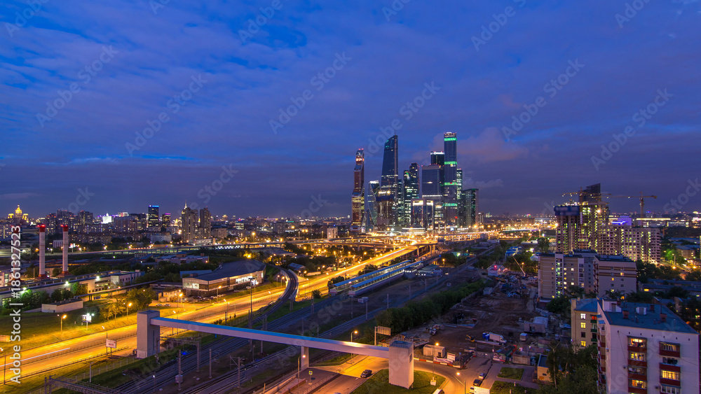 Fototapeta premium Business complex of skyscrapers Moscow city day to night timelapse.
