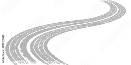 Curving grey tire tracks on a white background, indicating movement and speed