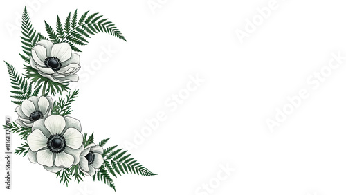 Minimal luxury watercolor floral frame corner with anemones and ferns in deep emerald green isolated on white background