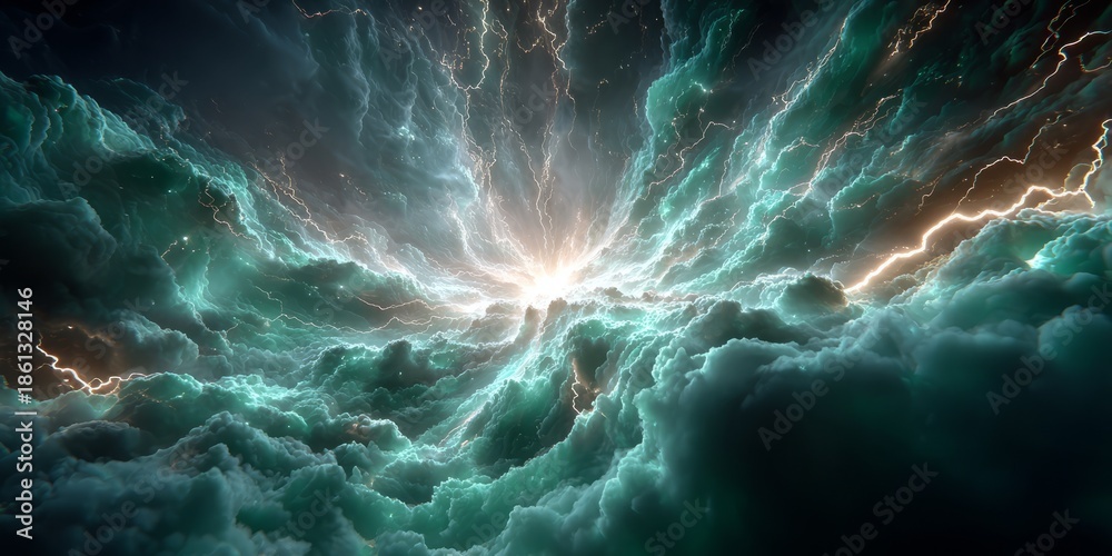 Naklejka premium Dramatic lightning storm inside turbulent teal clouds