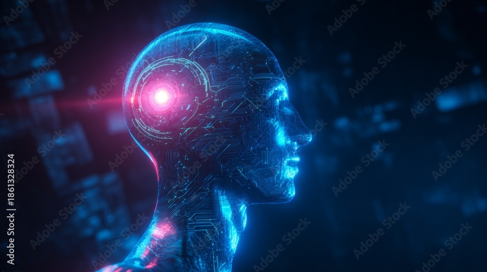 Obraz premium Futuristic humanoid AI robot with illuminated brain chip