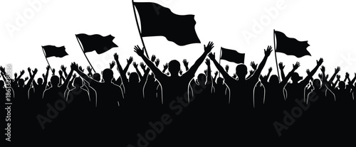 Crowd silhouette with flags, cheering people at concert, protest demonstration group, stadium fans celebration, political rally vector, human rights manifest, black.