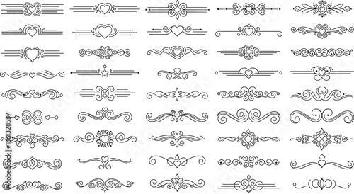 Decorative heart divider set, hand drawn flourish ornaments vector collection, floral line borders, page break symbols, wedding invitation header elements.