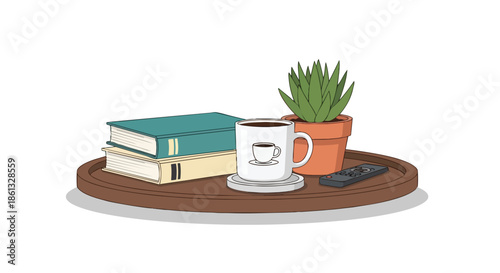 A delightful digital illustration of a calm home setup with stacked books a warm drink a lush plant and a remote control arranged on a tray for repose