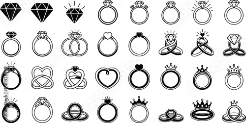 Diamond ring icon set, engagement jewelry vector collection, wedding bands symbols, luxury jewelry store graphics, heart and crown ring elements, black.