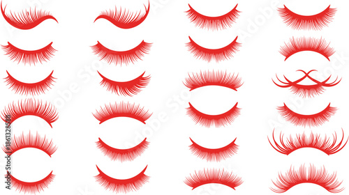 Eyelash extension icon set, false lashes vector collection, beauty salon makeup symbols, red eye lash logo elements, cosmetic grooming graphics, red.
