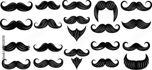  Moustache icon set, retro beard style vector collection, gentleman facial hair symbols, barber shop grooming graphics, hipsters moustache black silhouettes..eps