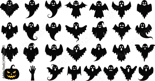 Set of spooky ghost silhouettes, Halloween pumpkin jack o lantern, zombie hand, scary flying spirits, haunted icons, horror vector graphic elements.