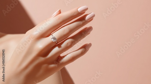 A woman's hand displays her diamond ring on a peach background in studio.