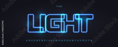Cyber Tech Font Logo Alphabet Vector Neon Light Effect Letter Set Modern Typography, Glowing Typographic Design for Title Text, Typo Poster Headline, Led Contour Sans Serif Fonts. Vector Typeface