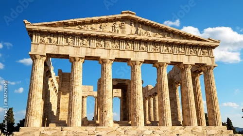 Ancient temple with columns against blue sky