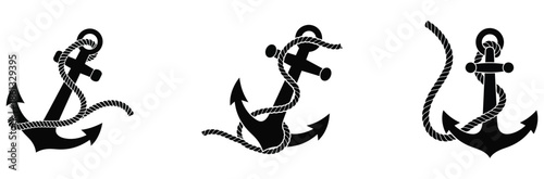 Set of nautical anchor icons with rope details in black