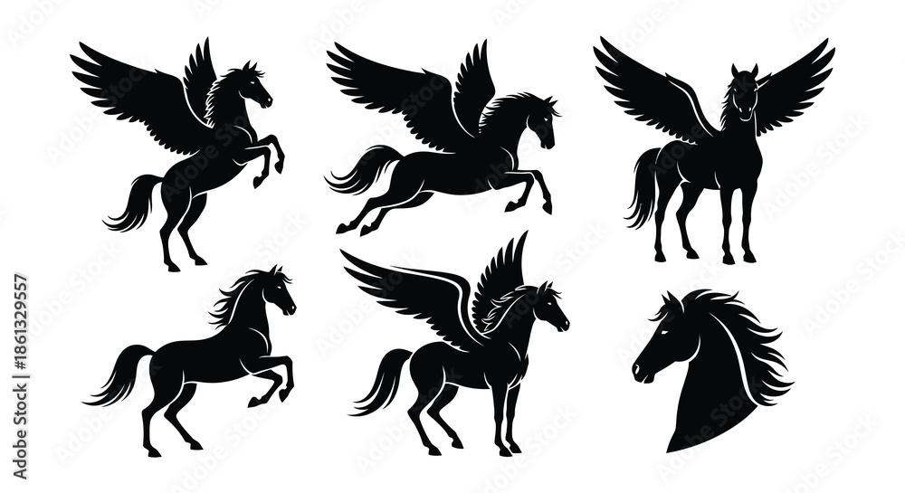 Obraz premium Silhouette illustrations of pegasus horses with wings in different poses