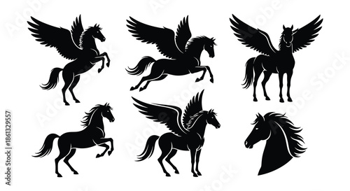 Silhouette illustrations of pegasus horses with wings in different poses