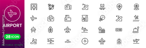 Airport icon set aviation travel transport terminal flight plane UI symbols flat vector modern minimal design