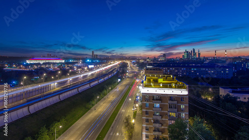 The Third Ring Road after sunset day to night timelapse aerial view from rooftop. Moscow, Russia.