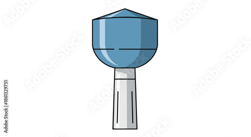 A clean vector illustration of a modern water tower, featuring a blue tank and a gray base, vital for community infrastructure and public utility