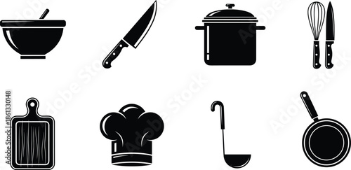 Kitchen utensils and cooking tools icon set featuring knife, pot, pan, cutting board, whisk, ladle, and chef hat for culinary and food preparation concepts