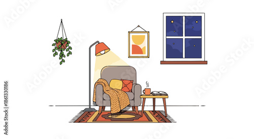 A serene and comfortable evening setup with an armchair, warm lighting, a book, and a hot beverage, creating an ideal haven for peaceful relaxation