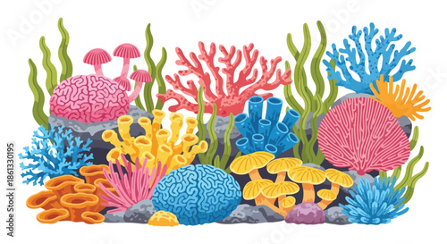 Vibrant Underwater Ecosystem Illustration Featuring Diverse Colorful Corals and Marine Algae on a Serene Seabed