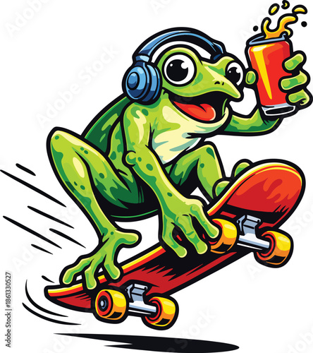 Cartoon frog enjoying music and skateboarding