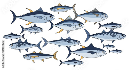A vibrant illustration of a bustling school of tuna and mackerel fish, showcasing dynamic marine life