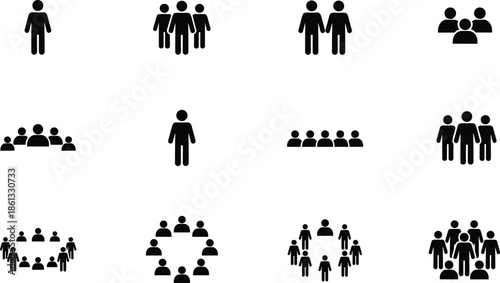People and group icon set illustrating individuals, teams, crowds, community networks, and social relationships for business, organization, teamwork, and population concepts