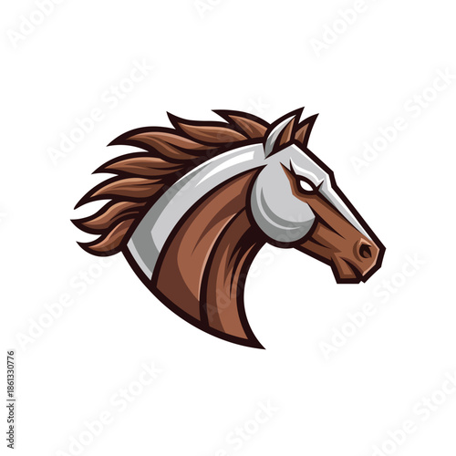 Powerful horse head mascot with racing blinders flowing mane aggressive expression bold design emblem for sports racing team logo speed symbol vector graphic