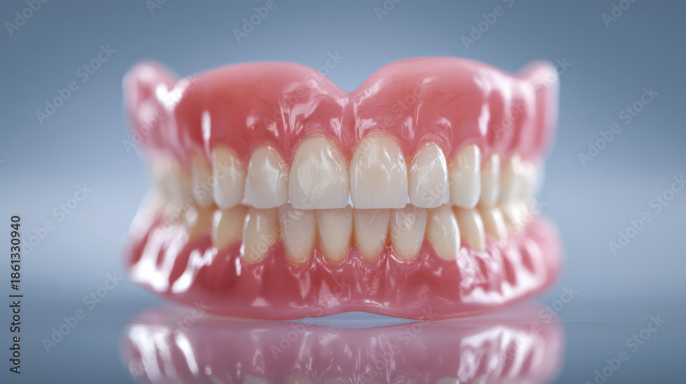 Fototapeta premium Realistic dental model with artificial teeth and gums reflecting on shiny surface representing oral health and dental care concepts in medical imagery