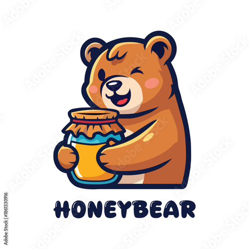 Cute brown bear mascot hugging honey jar with happy smile blushing cheeks dripping honey and HoneyBear text fun character for kids food logo vector graphic
