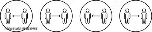 Social distancing line icon set showing people keeping safe distance with arrows, representing public health guidelines, safety rules, crowd control, and prevention awareness concepts