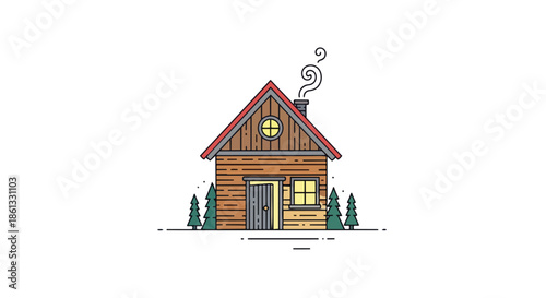 A cozy rustic cabin illustration nestled among small evergreen trees with a smoking chimney and warm light glowing from its windows offering an