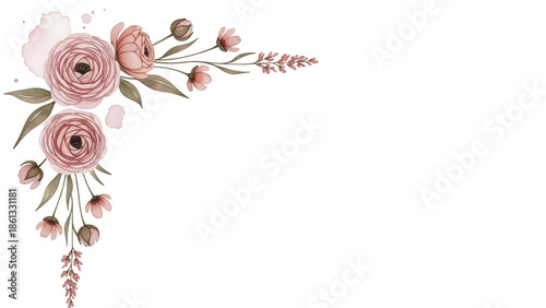 Minimal watercolor corner element featuring wildflowers and ranunculus in dusty rose and terracotta isolated on white background