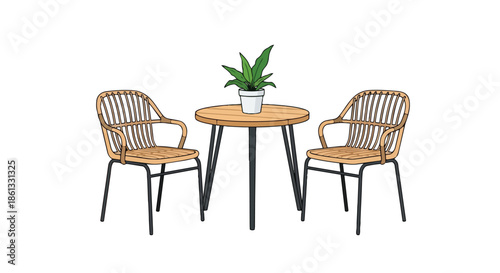 Illustrated outdoor cafe table and two chairs with a potted plant on a white background