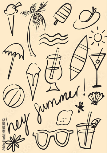 Simple, basic summer doodles. Hand drawn beach, seaside clipart. Holiday line art sketches