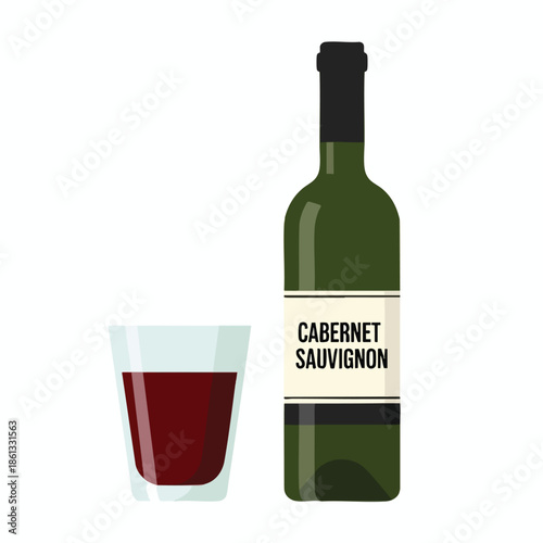 A bottle and a glass of red wine, labeled "Cabernet Sauvignon." Simple illustration
