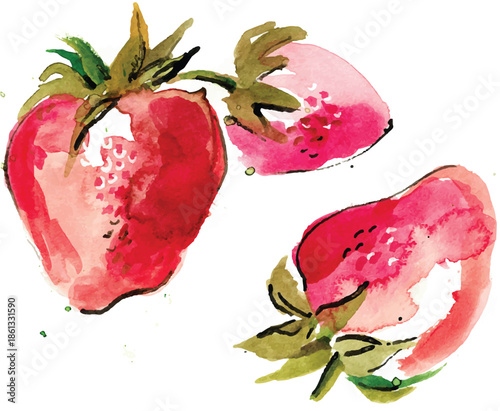 Watercolor Strawberries. Fruit doodles. Hand drawn. Strawberry Illustration.