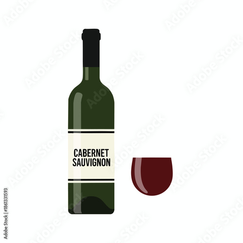 An illustration of a green wine bottle and a wine glass filled with red liquid