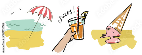 Cold drink doodle and beach clipart. Set of hand drawn summer holiday clipart. Colourful seaside drawings.