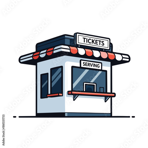 A ticket booth with a red and white striped awning