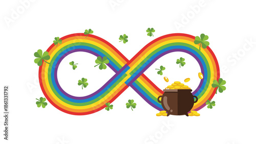 Vibrant rainbow infinity symbol with pot of gold and shamrocks st patrick's day, Generative AI.